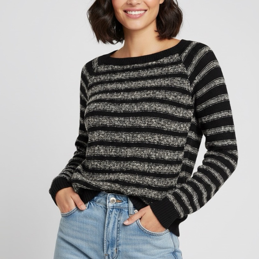 Lou & Grey Loft Black & White Striped Boatneck Pullover Sweater Knit Small Cozy